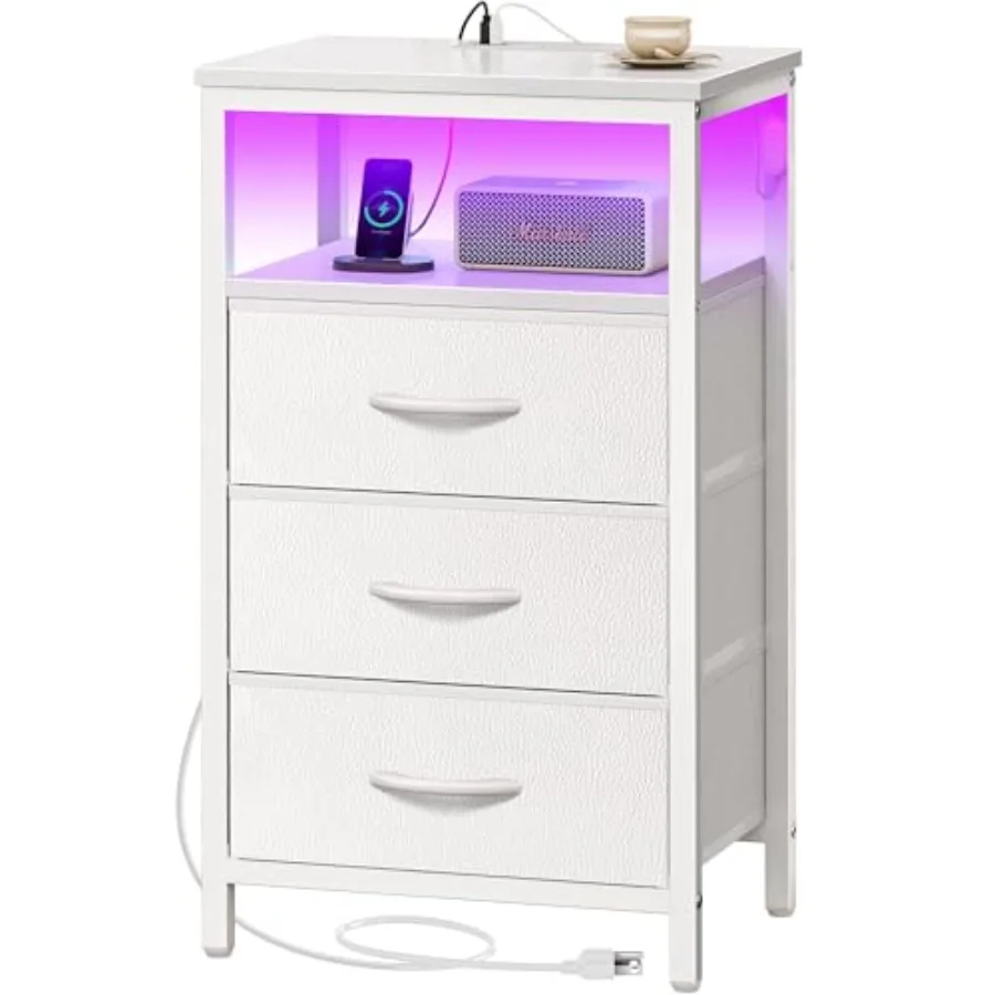 

Night Stand with Charger Station and LED Lights 3 Drawer Nightstand Bed Side Table with Open Shelf End Table Tall Fabric Dresse