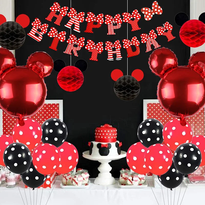 40pcs Minnie Mouse Themed Party Supplies Birthday Decorations Red and Black for Girls, Ear Headband Banner for Birthday Decorati