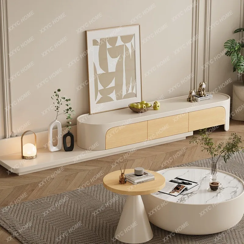 Household small apartment living room light luxury cream wind rock slab size coffee table TV cabinet combination wabi sandy wind
