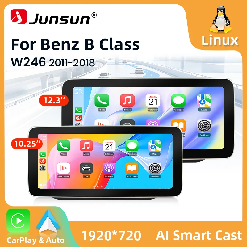 Junsun 12,3'' 10,25'' Linux-System kabelloses Apple CarPlay Android Auto Autoradio für Mercedes Benz B-Klasse B180 B200 B220 B260 W245 W246 2011-2019 Multimedia-Player 1920*720 Touchscreen