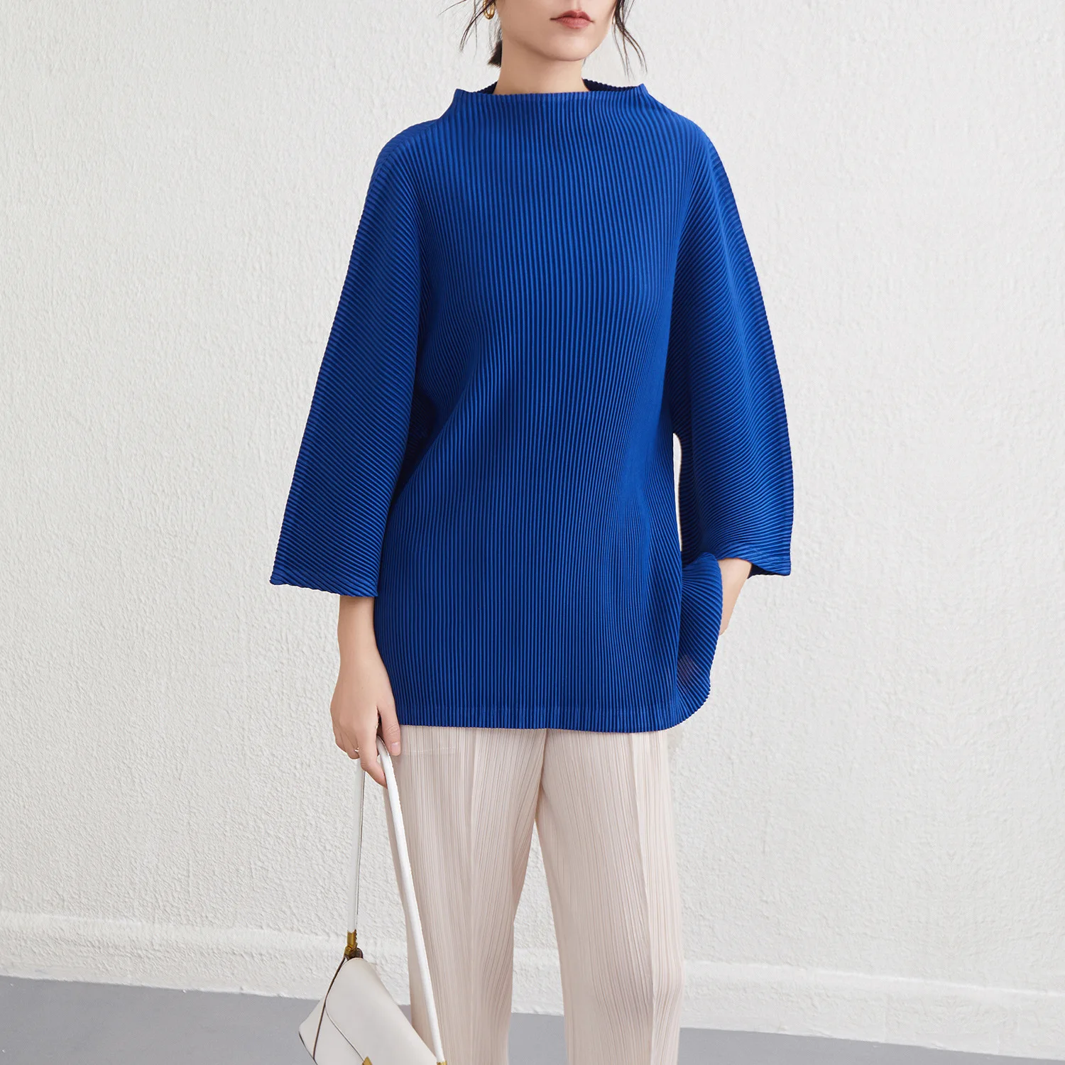Miyake Pleats, Women, Stand Collar, Loose, Pullover Top, Elegant, Versatile, Summer, Fashion, 2026 New Style, High-end T-shirt
