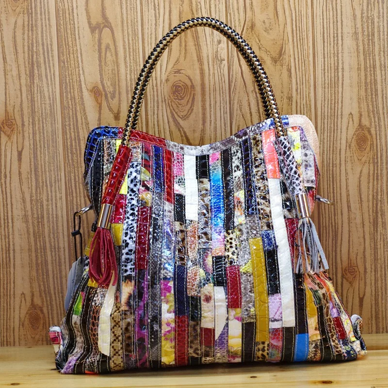 New Fashionable Women's Tote Bag Snake Print Leather Stripe Splicing Fringe Single Shoulder Slant Cross Bag Soft Cowhide