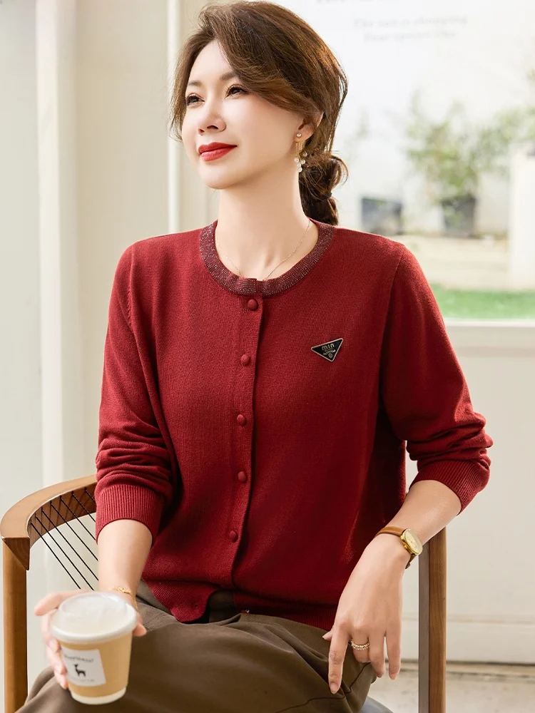 

Ele Knitted Cardigan Autumn Wear for Middle-Aged Women Red Faion Loose Fit with kets round Ne Single Button Closure