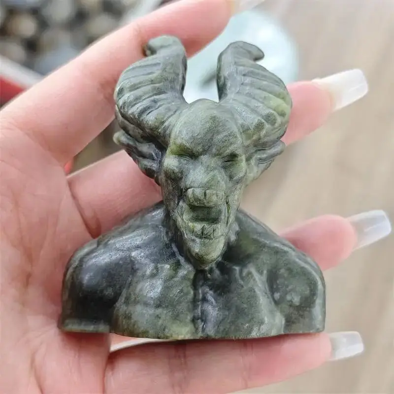 Natural Opalite Green Jade Demon Statue Carving Crystal Love Healing Fengshui Gemstones Home Decoration Holiday Gift 1PCS