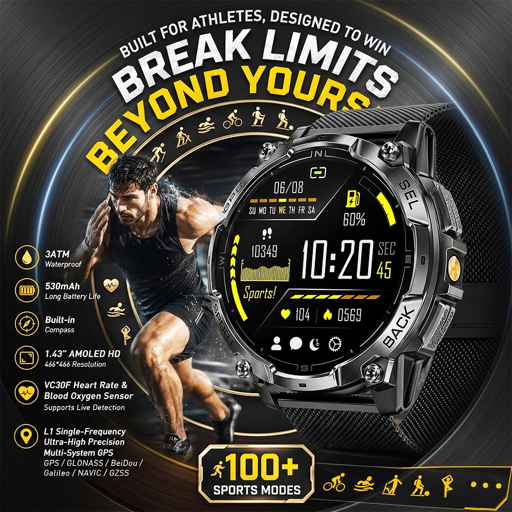 

2026 Military GPS Smart Watch Men Bluetooth Call Compass 1.43'' AMOLED 4GB Memory 100+ Sports 3ATM Waterproof