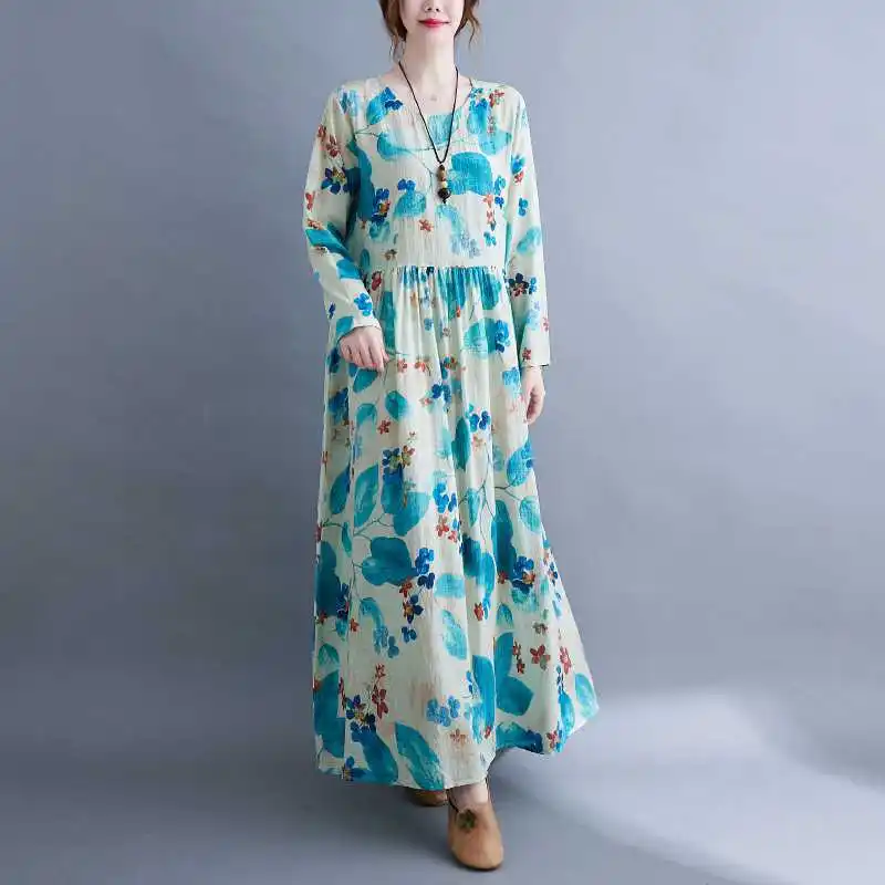 Herfst O-hals Vintage Lange Jurk Vrouwen Casual Katoen Linnen Vestidos Boho Maxi Jurk Vrouw Strand Elegante Losse Dames Kleding