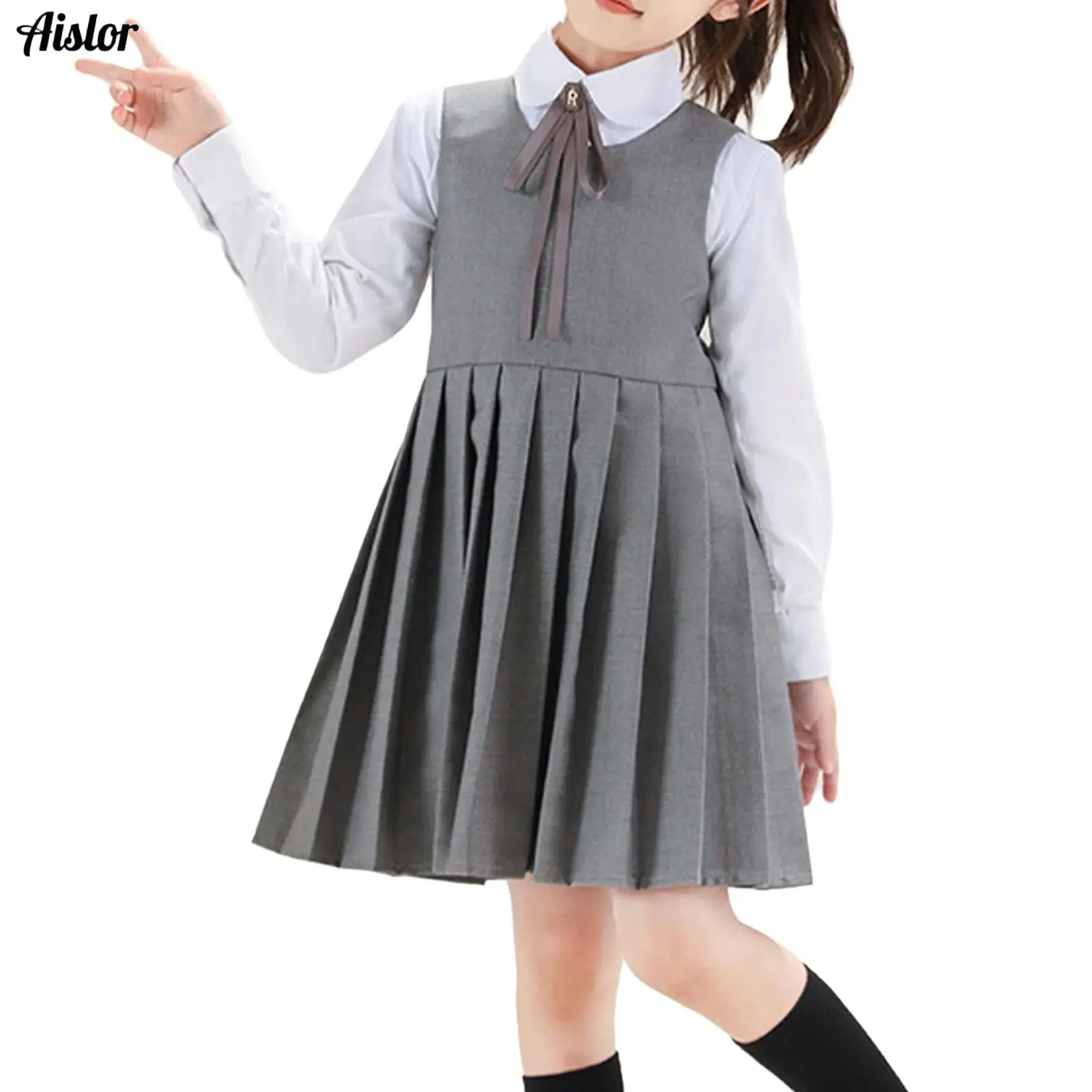 

Kids Girls Dress School Uniform Jumper Dress Student Costume Round Neck Sleeveless Back Invisible Zipper A-line Pleated Dress