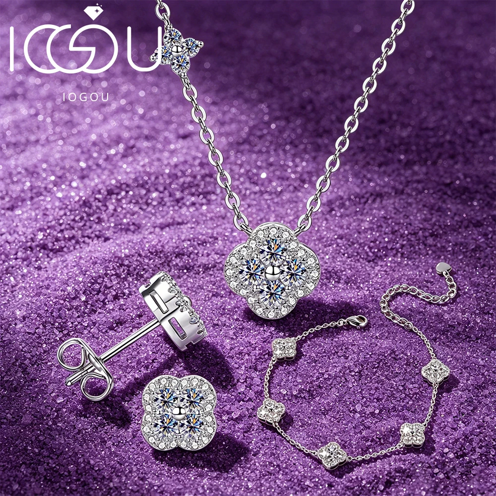 3 In 1 Clover Flower Moissanite Jewelry Sets 14k Gold Filled GRA Certified Necklace Earrings Bracelet Sets for Women Lucky Charm