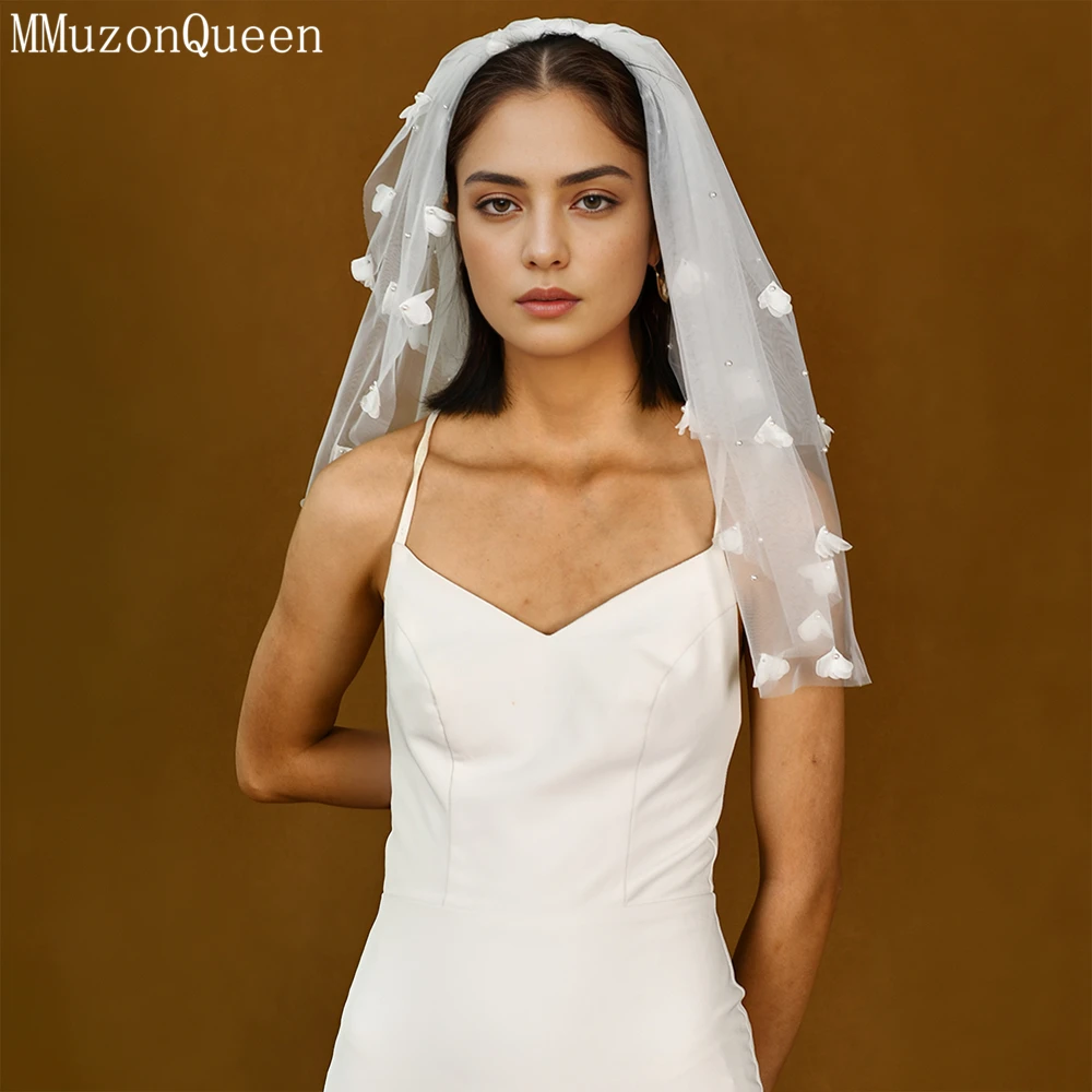 MMQ M101-velo de novia corto y elegante, elegante, fresco, blanco, perla, flor, pompones, Europa y Estados Unidos