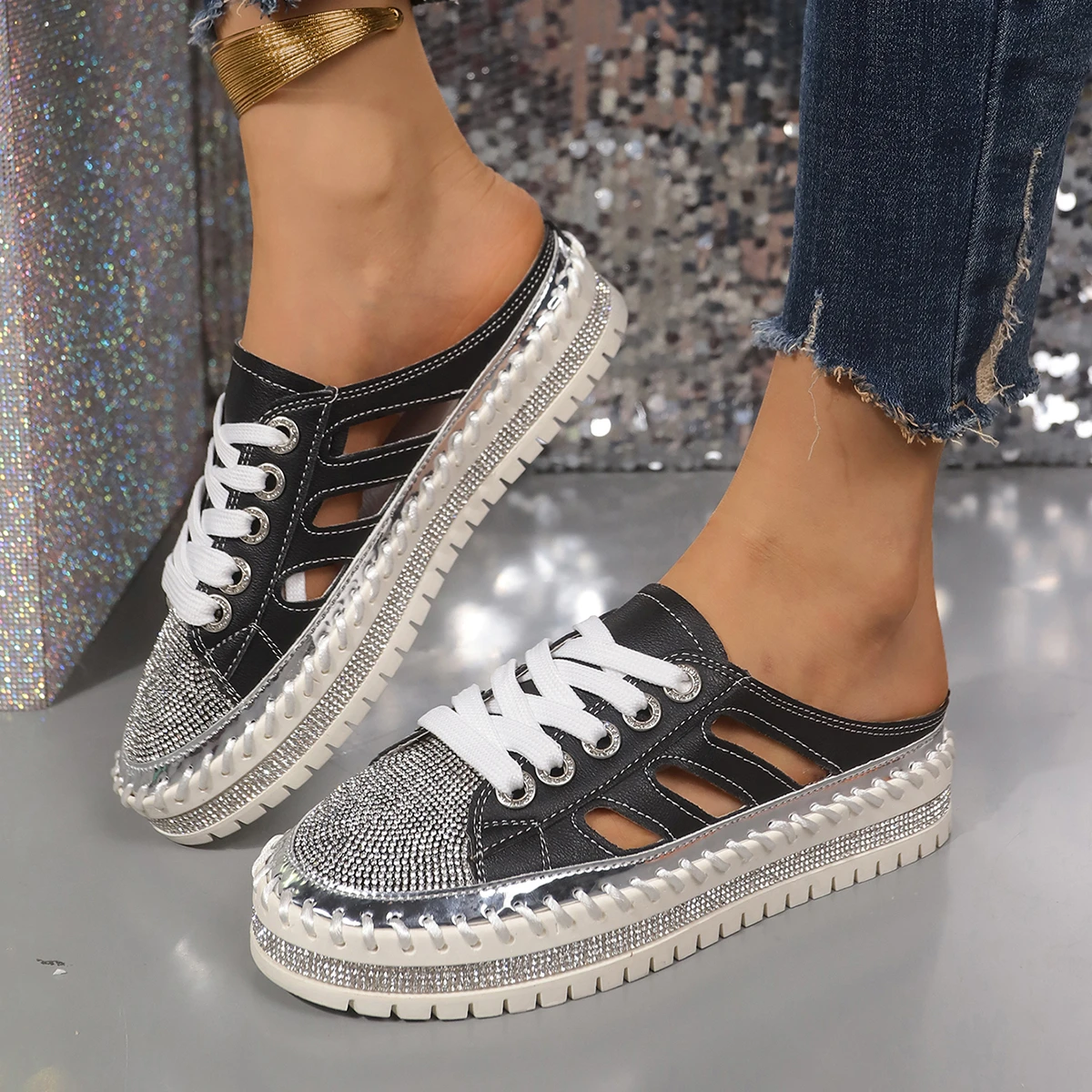 woman trend Crystal Half Slippers for Women Flat Platform Shoes Comfortable Elegant Women's Shoes Bling Luxury Women's Sandals