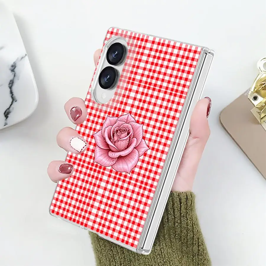 Red Plaid Butterfly Bow Pattern Case for Samsung Galaxy Z Fold 8 ZFold 8 PC Hard Luxury ZFold8 Phone Cover