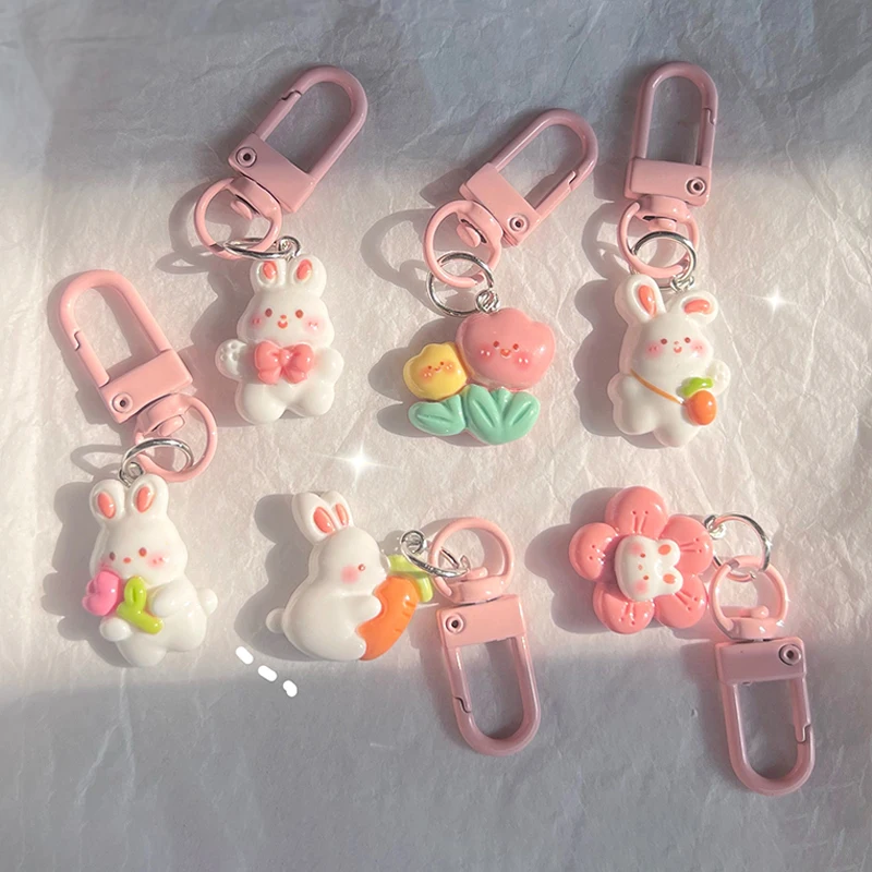 Cute Rabbit Flower Key Chains Kawaii Mini Tulip Flowers Keychain Girls Handbags Decorative Key Rings Pendant Accessories