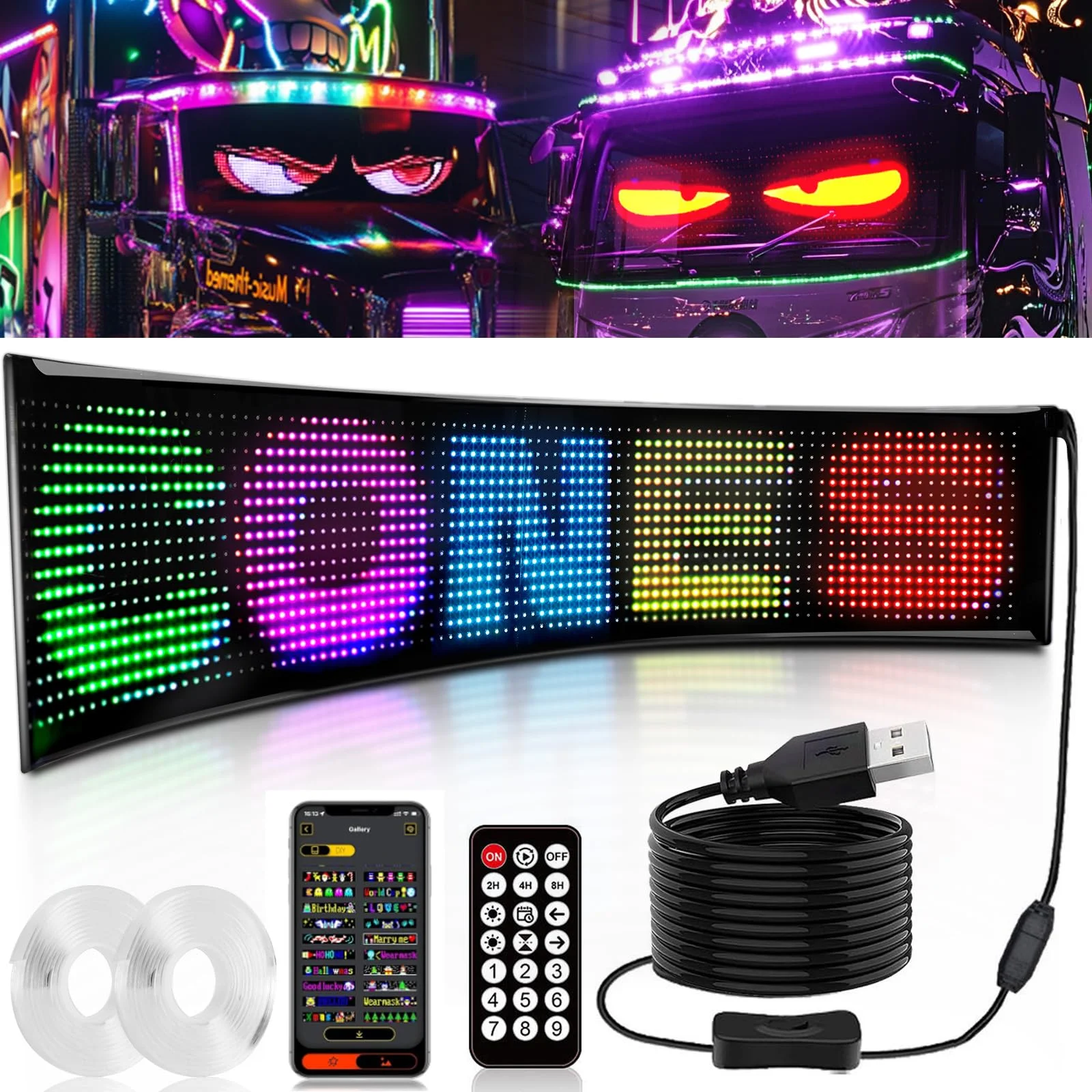 

LED RGB Programmable Car Truck Matrix Pixel Panel DIY Animation Scrolling Display Flexible Eye Sign APP Control Light Screen