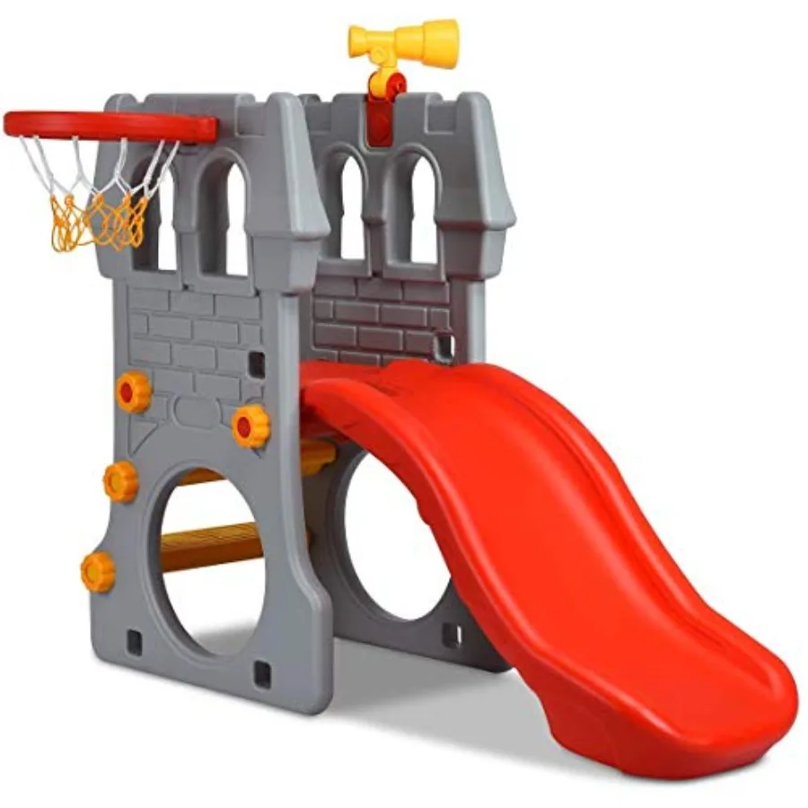 

Toddler Slide 5 in 1 Climber Slide Playset w/Basketball Hoop Telescope Crawl Through Space Easy Climb Stairs Freestanding Slide
