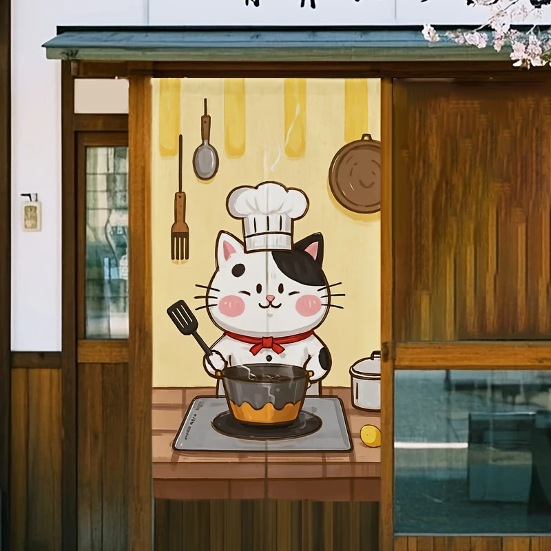 VIKAMA Chef Cat Noren Curtain Cute Kitten Cooking Japanese Half Door Kitchen Divider Decor