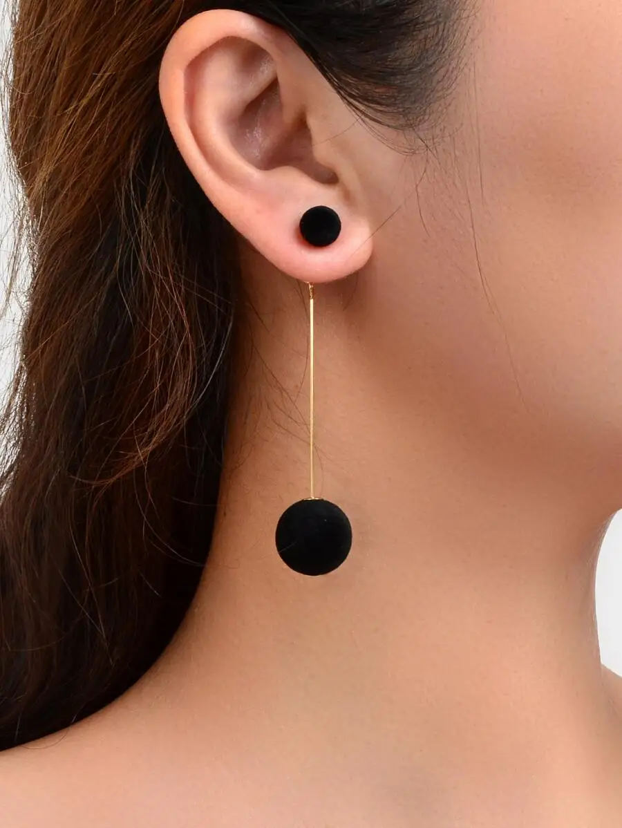 1 Pair Retro Black Round Flocked Ball Geometric Drop Earrings, Women Party Jewelry
