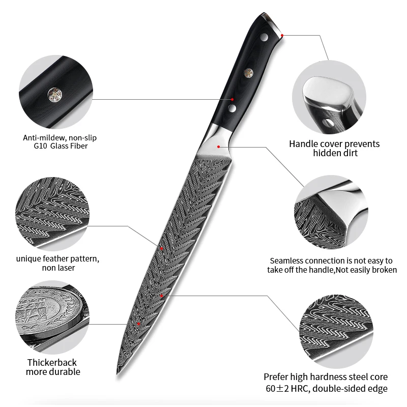 8 Inch Sashimi Knife Double-edged Blade 67 Layers Damascus AUS-10 Steel Sharp Chef Cleaver Meat Slicing Ham Sushi Kitchen Knife