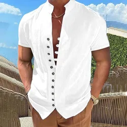 Camisa de manga corta con cuello abotonado para hombre, camisa vintage de cáñamo de algodón para ocio, Europa y Estados Unidos, verano 2023