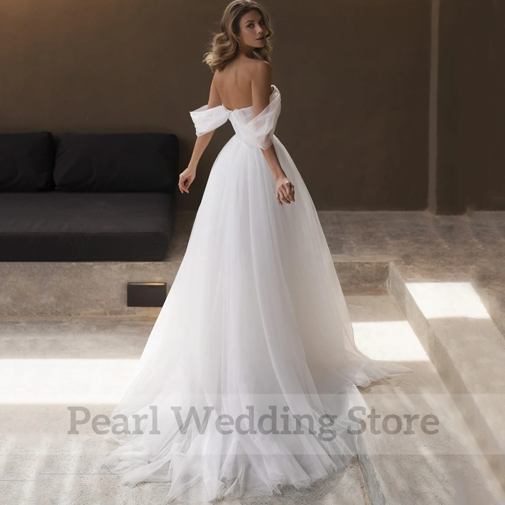 Classic Tulle Sweetheart A-Line Wedding Dress Pleat and Pearls Beading Floor Length Bridal Sexy Open Back Zipper Gowns for Bride