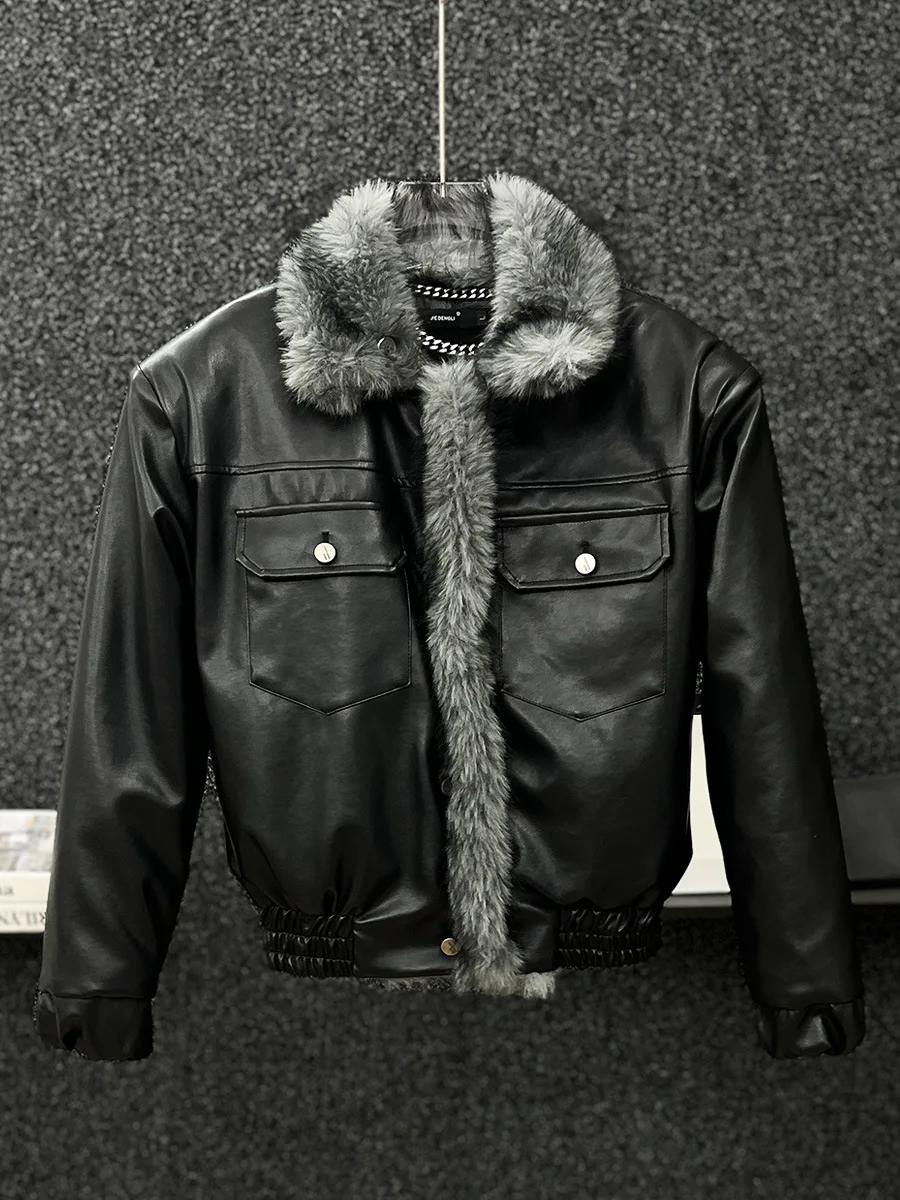 Men's Fashion Luxury Faux Fur Parkas With Thick Warm Leather Overcoat Reversible Fur Jacket Coat For Male Thermal Outerwear