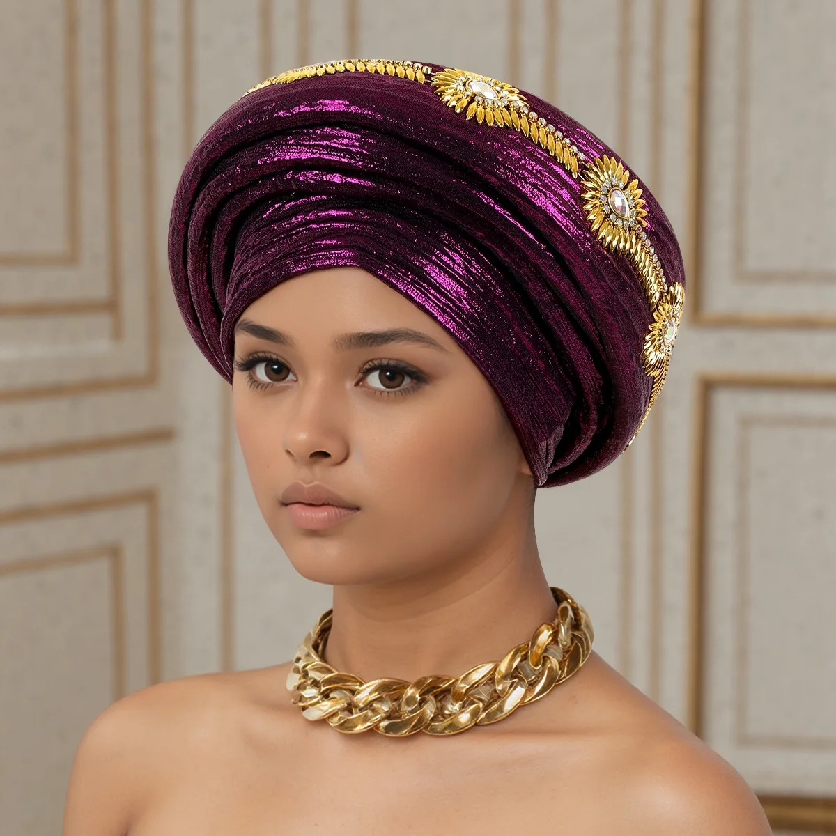 

Fashion African Diamonds Turban Cap Women's Autogele Headtie Bonnet Head Wraps Nigeria Wedding Headgear Hijab Hat Turbante Mujer