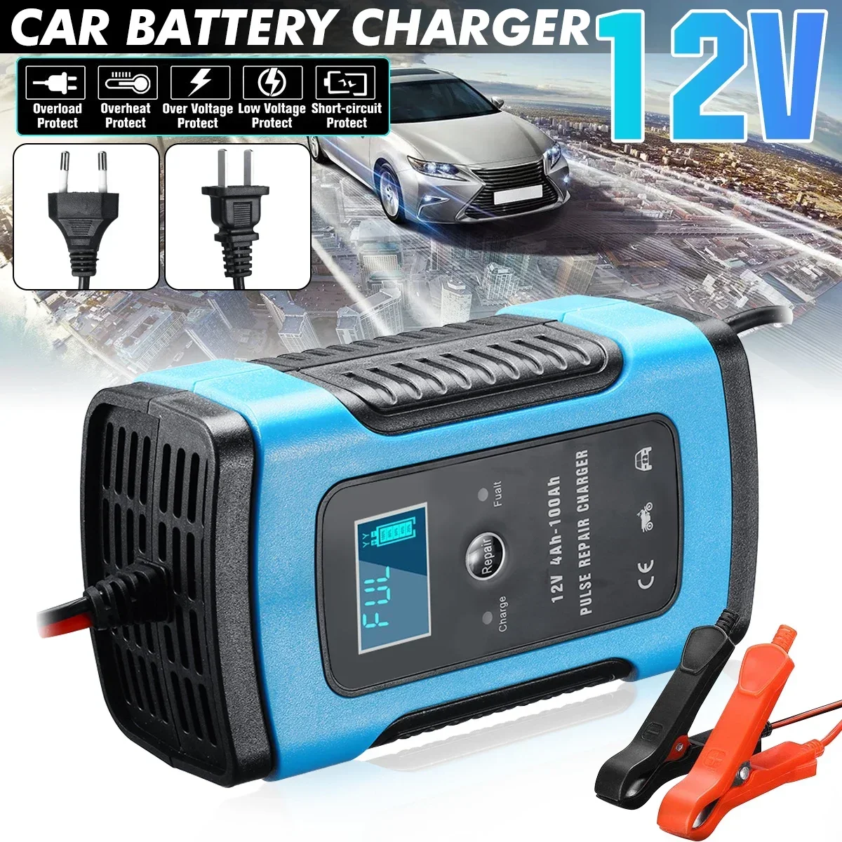 12V 6A LCD Smart Fast Car Battery Charger for Auto Motorcycle Lead-Acid AGM GEL Batteries Intelligent Charging