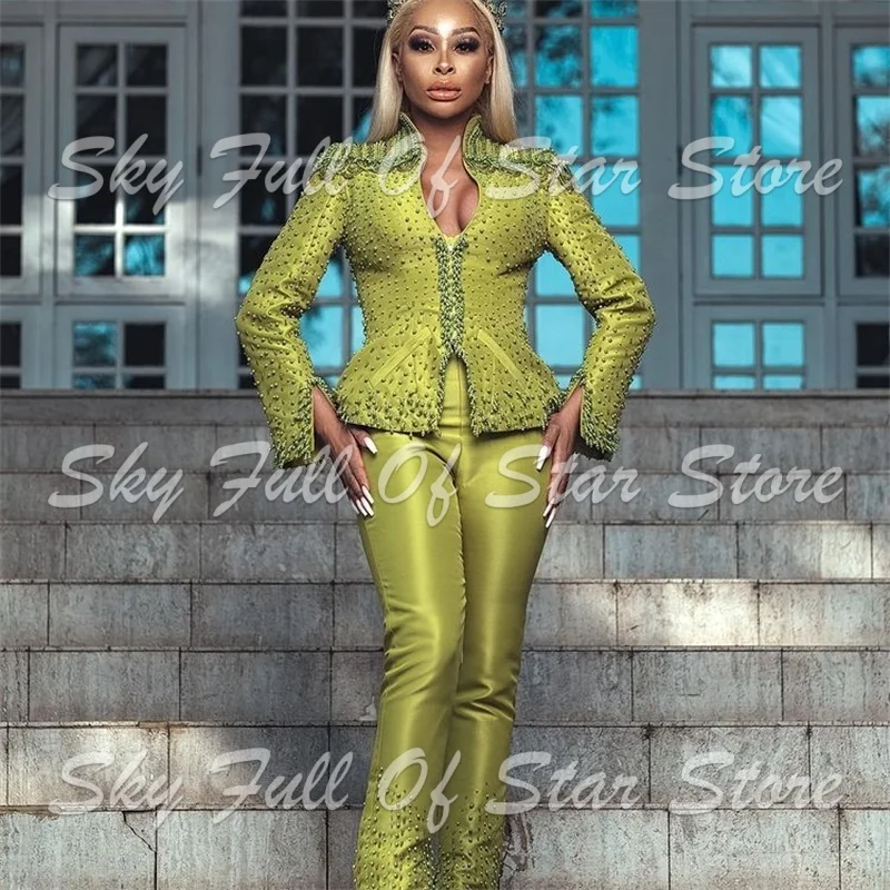 Conjunto de Traje de Mujer con Peplum de Pedrería Verde Lima, 2 Piezas: Blazer con Cuello de Flecos + Pantalones Acampanados con Abertura, para Eventos Formales, Noche, Invitada de Boda, Abrigo de Dama