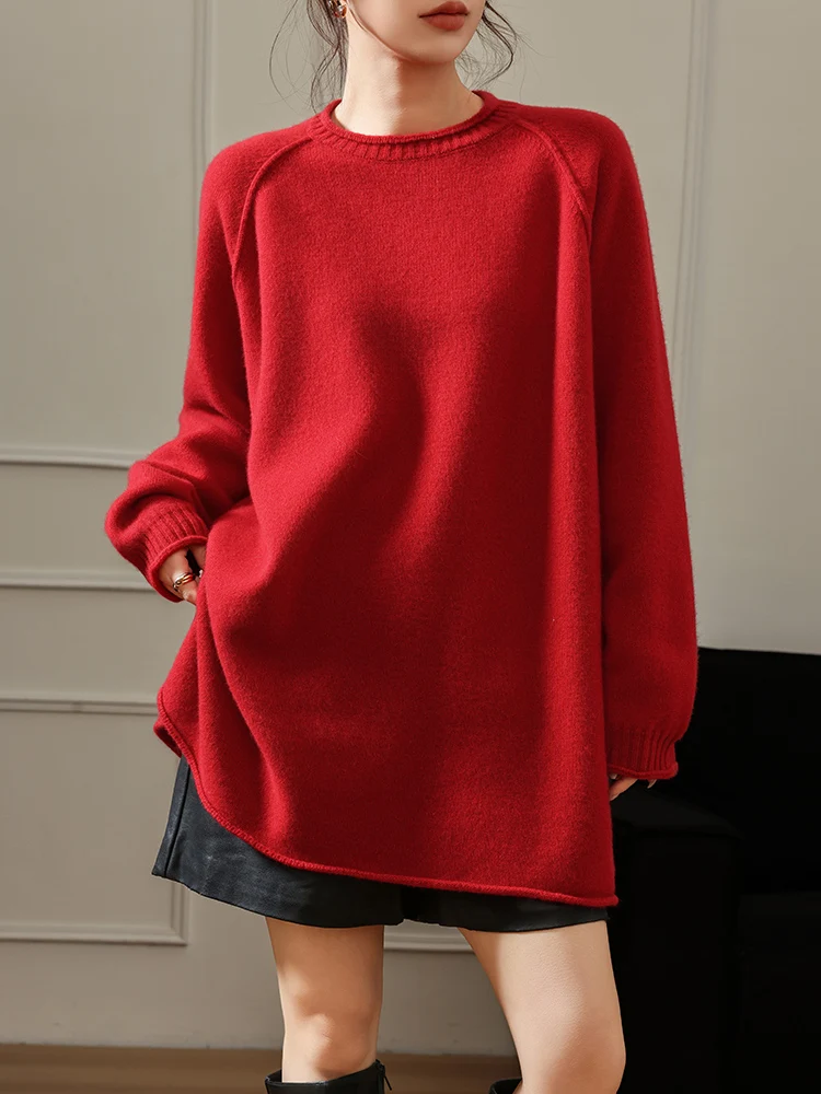 المرأة رداء علوي من الصوف س الرقبة طويلة البلوز الخريف الشتاء سميكة Ranglan كم 100% ميرينو الصوف تريكو فضفاض كبير الحجم الإناث #6