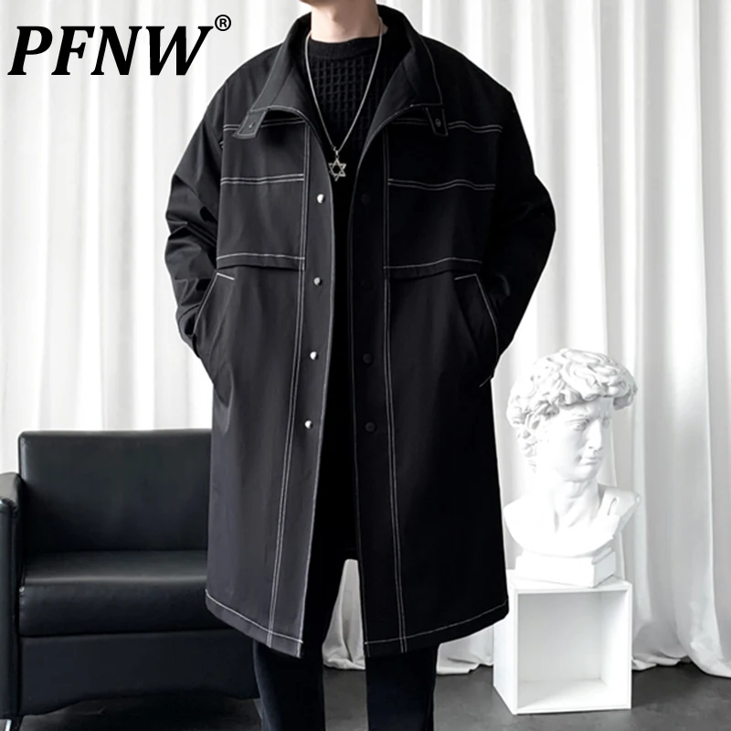 

PFNW Мужская линия дизайна ветровка с лацканами High Street Мужские пальто средней длины 2024 Новые осенние модные однотонные мужские топы 28W4867