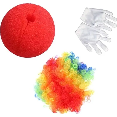 Aydınlı Party Accessory Clown Wig White Gloves Red Sponge Nose Clown Set