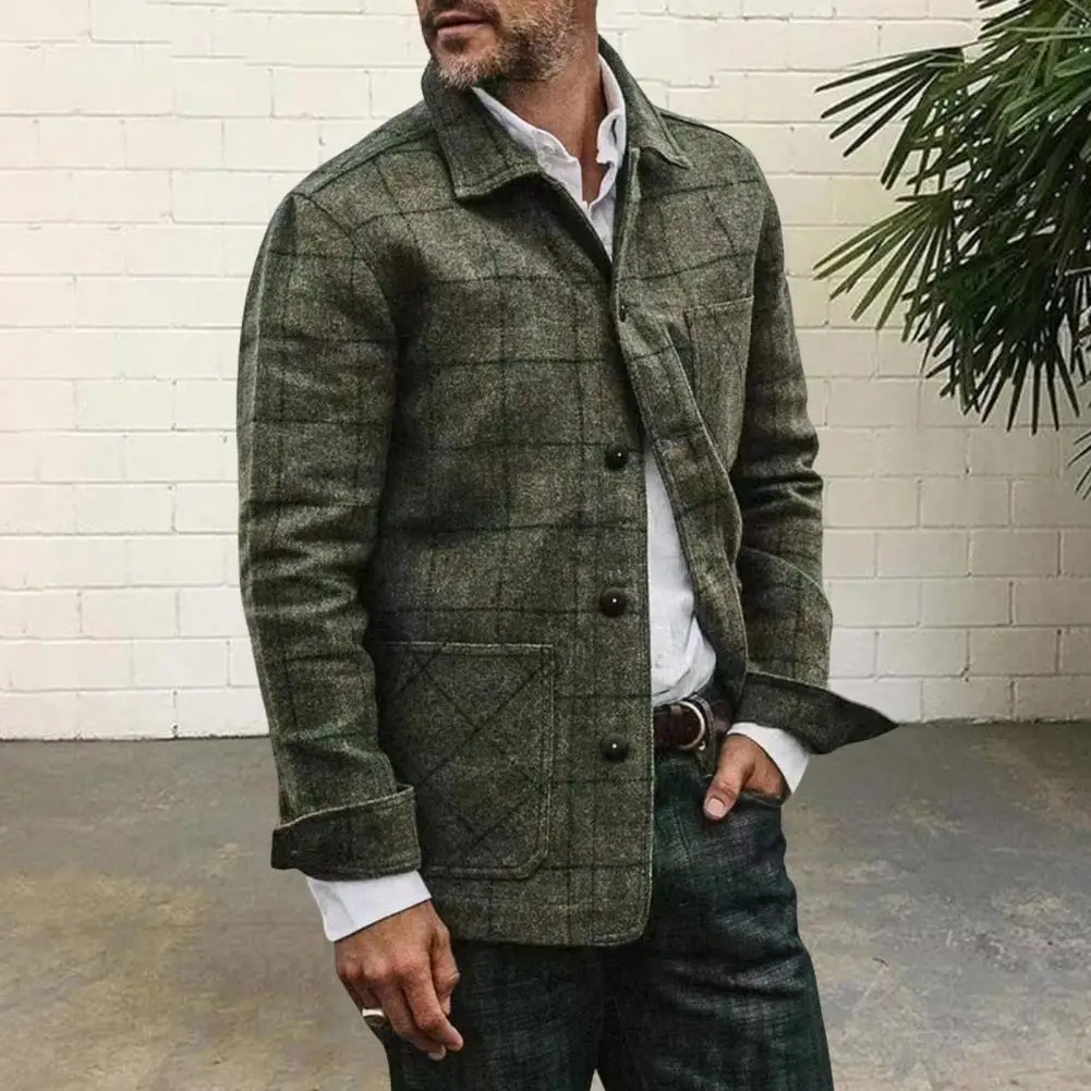 Men Jacket Coat Plaid Print Lapel Jacket Coat With Patch Pocket For Men Single Breasted Outwear For A Stylish Look Single