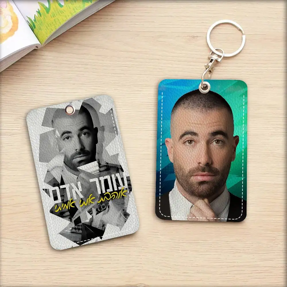 Singer Omer Adam Rectangle ID Card Case Keychain Access Card Bag Key Tag Ring Leather Card Holder Key Ring Access