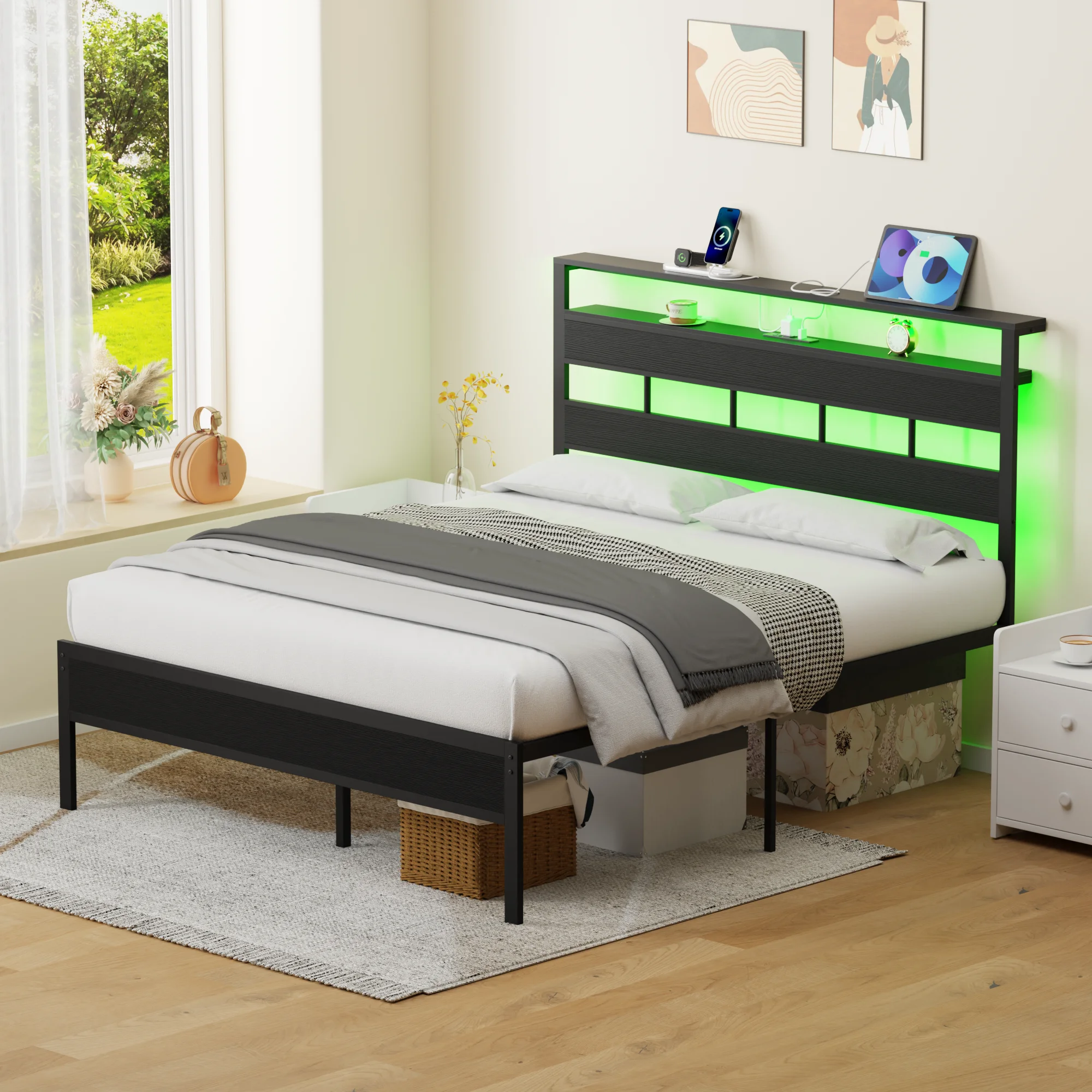 Satifur Full/Queen Size Bed Frame with LED Light and Charging Station, Wood Storage Headboard with 2-Tier Shelves,Metal Platform image 6