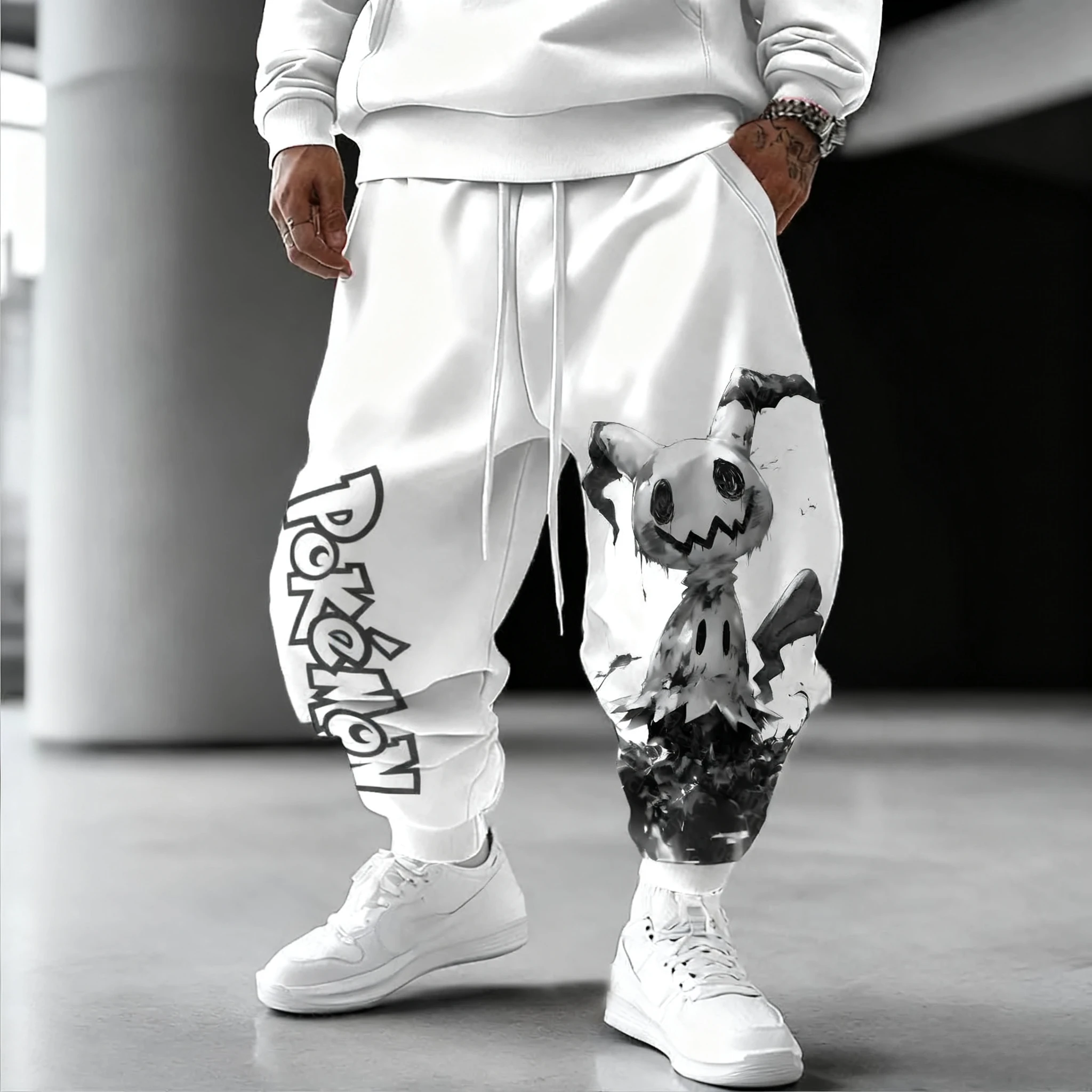 بوكيمون أنيمي مطبوعة الأبيض الحلو السراويل 2025 الرجال الخريف/الشتاء جديد اليابانية Harajuku الاتجاه فضفاض عادية القطن استغلال السراويل