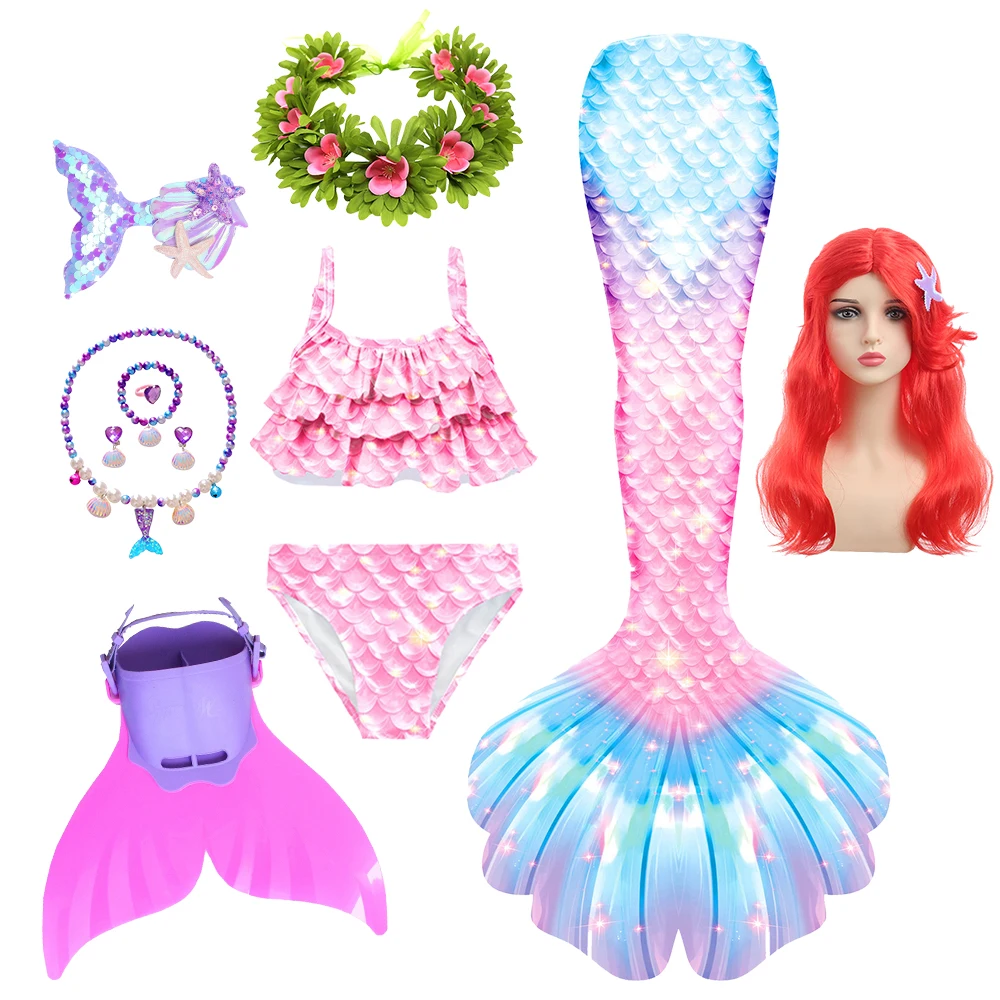 

2025 Summer Girls Little Mermaid Swimsuit Halloween Princess Ariel Dress Up Holiday Pool Party Fancy Mermaid Tail Swimming Set