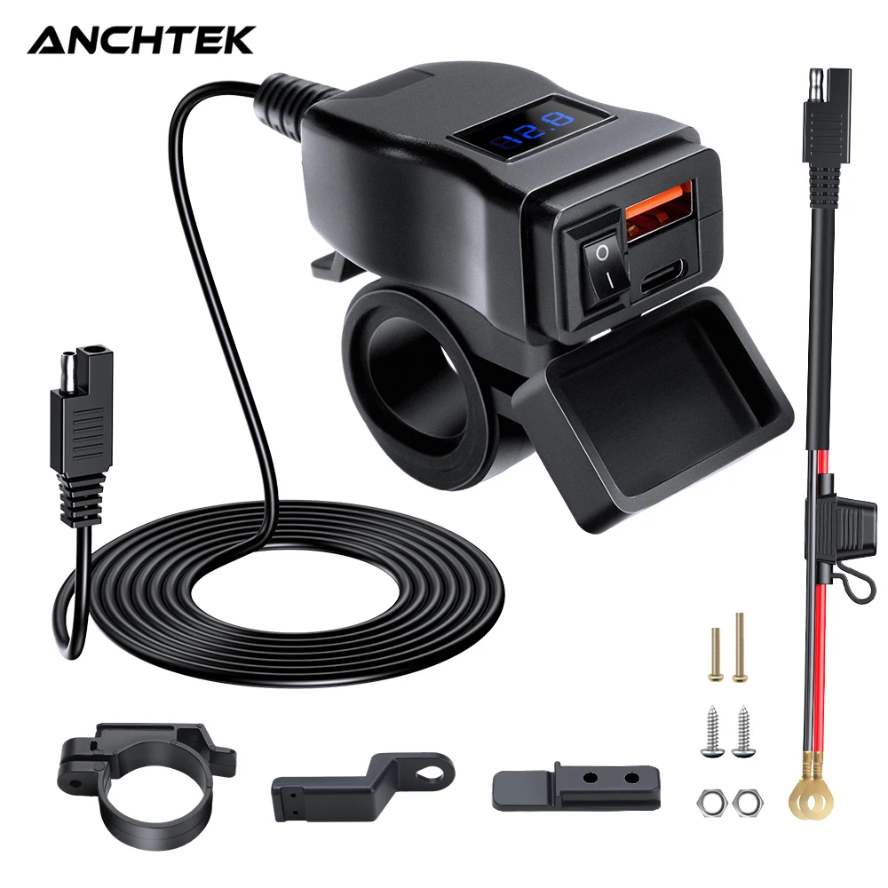 Anchtek Motorcycle USB Charger Waterproof Adapter 12V Vehicle-Mount Phone QC3.0 PD Port Quick ChargeWith Switch Moto Accessories