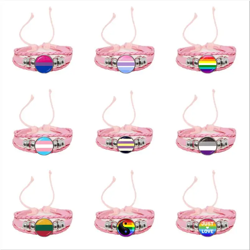 40 Style Gay Pride Glass Cabochon Charm Bracelet Rainbow Flag Gay Jewelry Handmade DIY Beaded Weave Pink Leather LGBT Gift