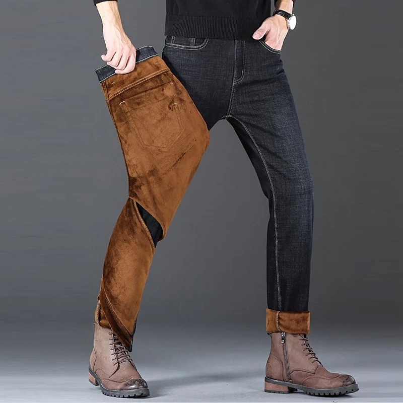 الرجال الشتاء الثلوج الدافئة أفخم الحد الأدنى الجينز الذكور صوف مبطن سميكة الدنيم السراويل سليم صالح مرونة فضفاض مستقيم بنطلون #4