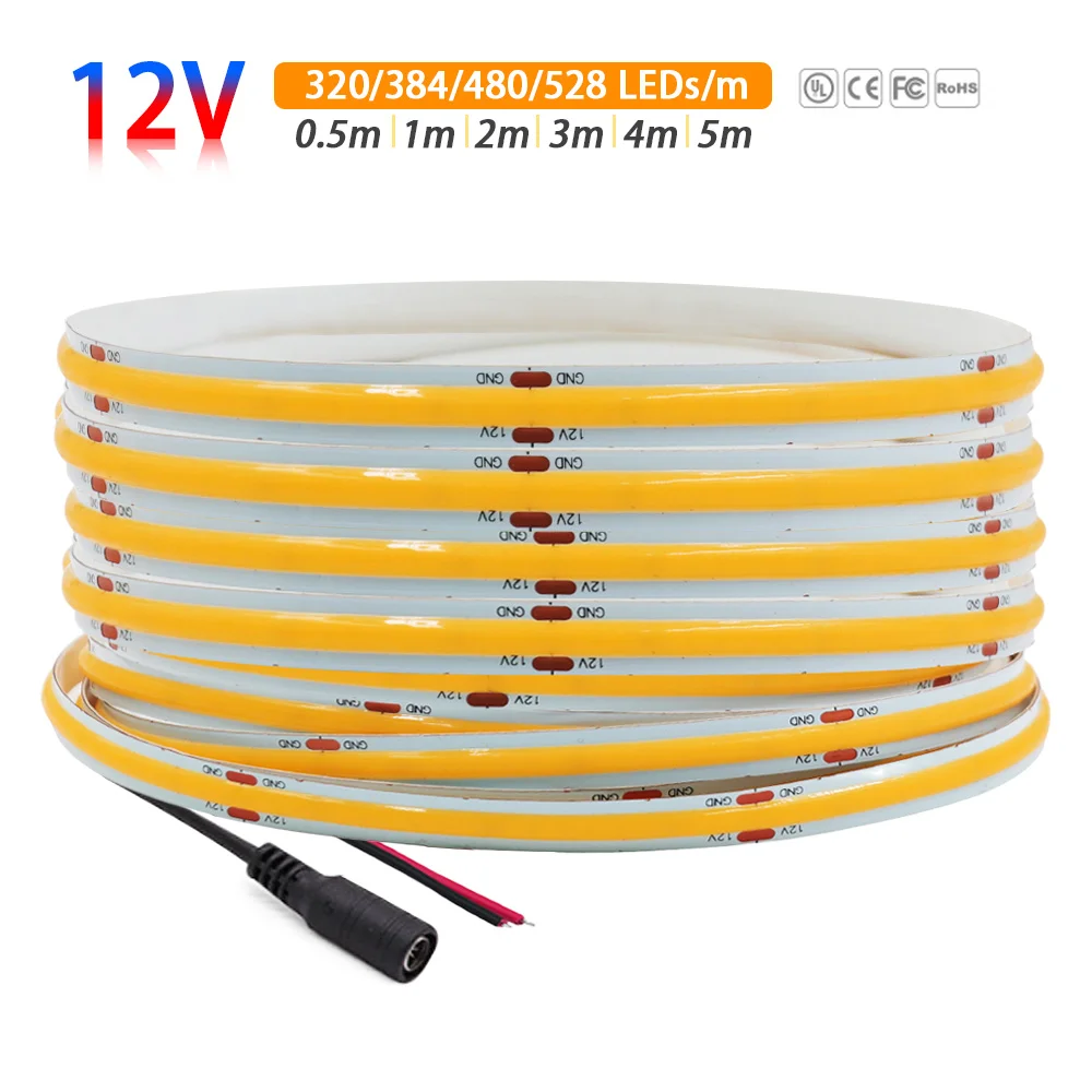 

New 12V COB LED Strip Light Flexible Tape Lamp High Density Linear Lights 320 384 480 528 LEDs 8mm 3mm 5mm PCB Home Decoration