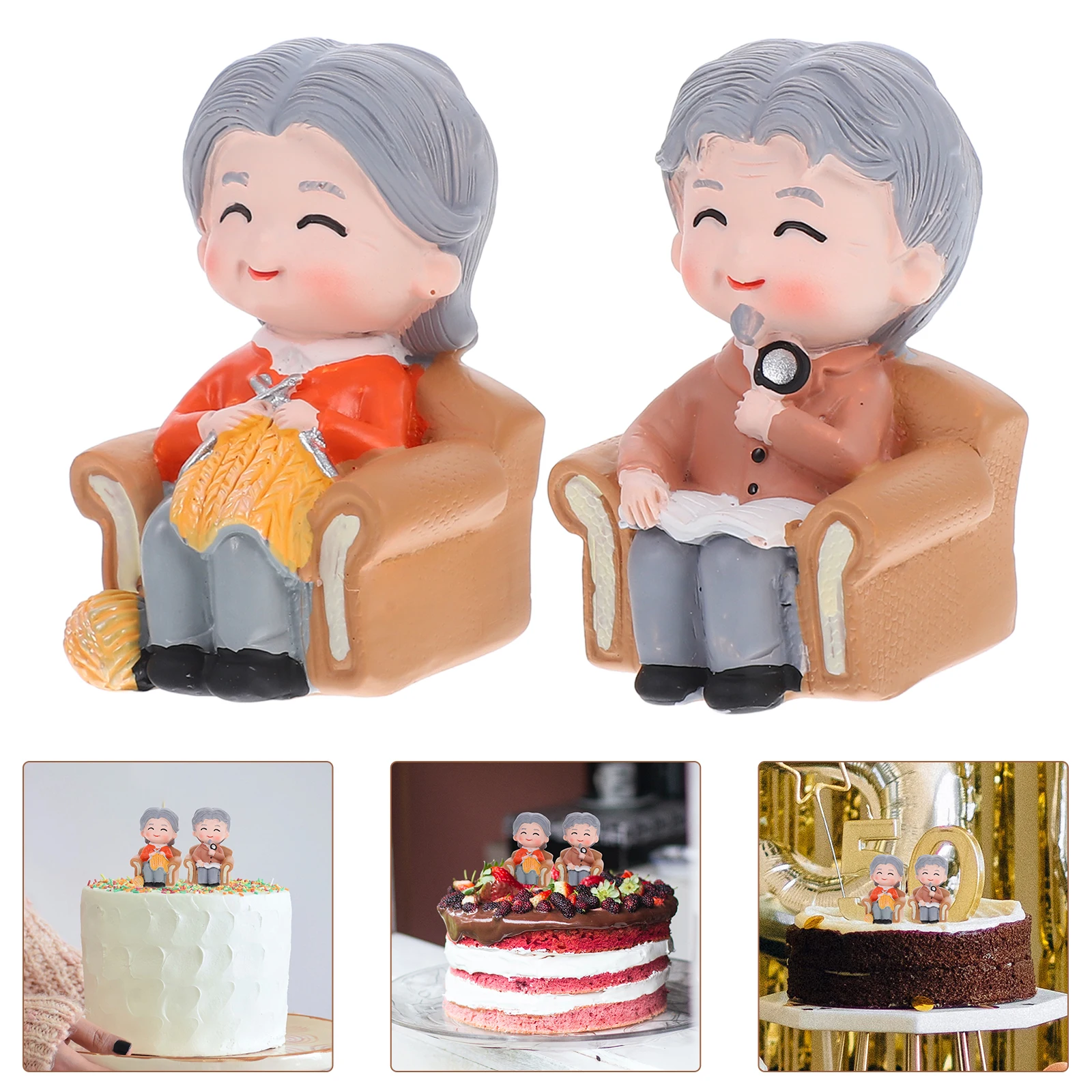 

2 Pcs Resin Seniors Ornaments Cake Decoration Elderly Couple Figurines Grandparents Statue Character