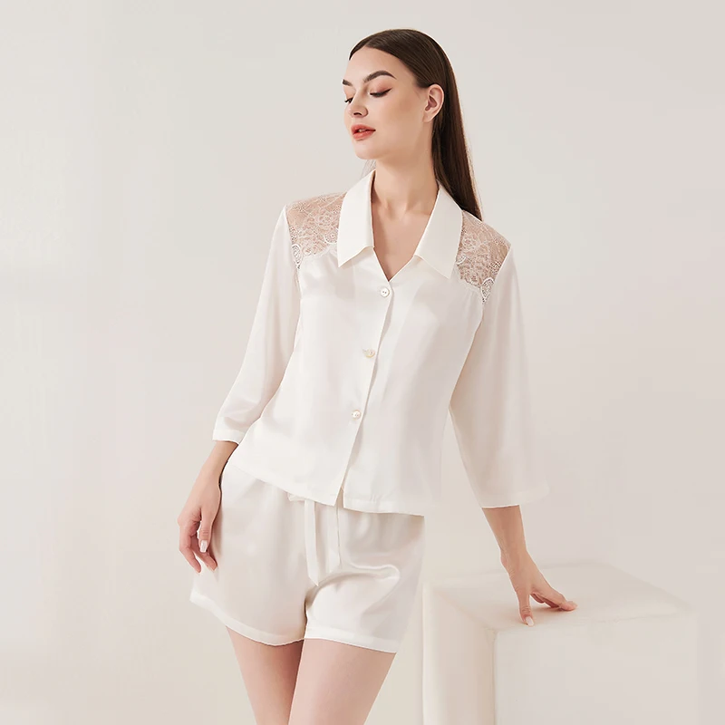 100% Heavy Mulberry Silk Lace Patchwork Cardigan Pajamas Two-piece Set Women's Three-quarter Sleeve Shorts Casual Home Clothing