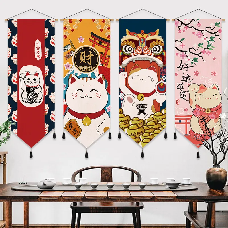 

✨Japanese Maneki Neko Tapestry Wall Hanging Fuji Mountain Cherry Blossom Fabric Art for Japanese Restaurant Sushi Bar Wall Decor