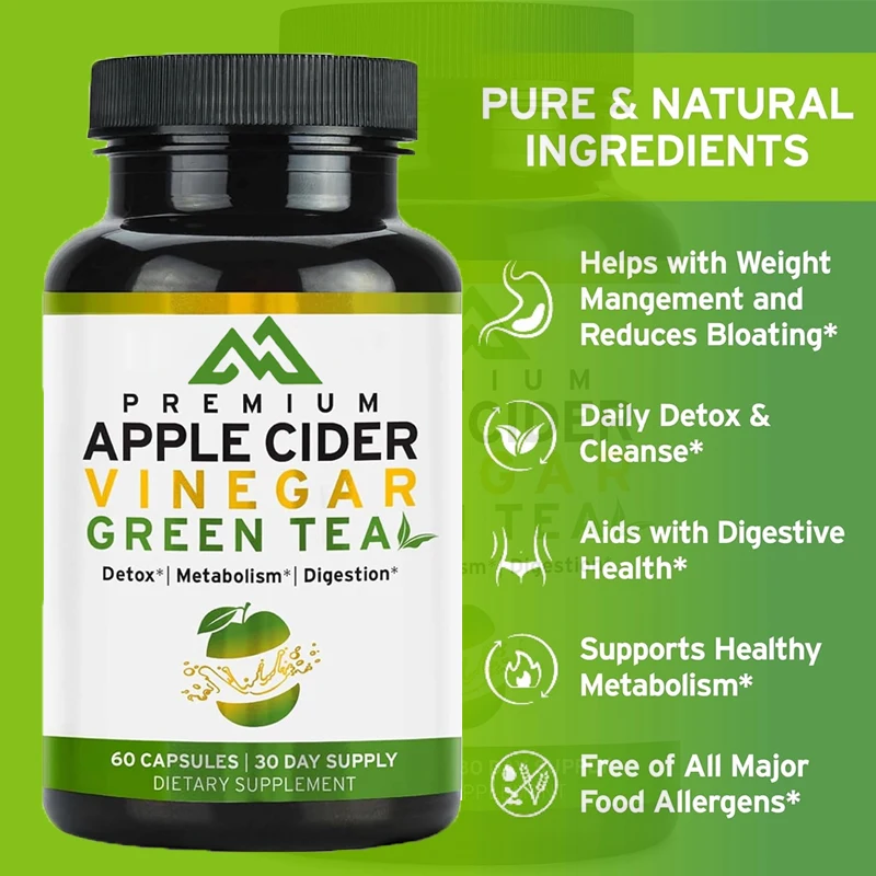 Apple cider vinegar capsules contain green tea and other detoxifying ingredients to enhance metabolism and relieve bloating