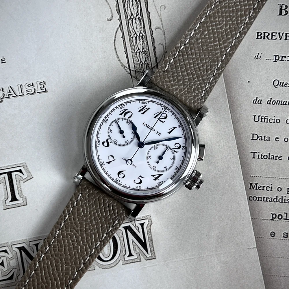 FARASUTE Men Chronograph Watch 40m Panda Manual Winding Mechanical Wristwatch Sapphire ST1900 Enamel Dial Leather Strap