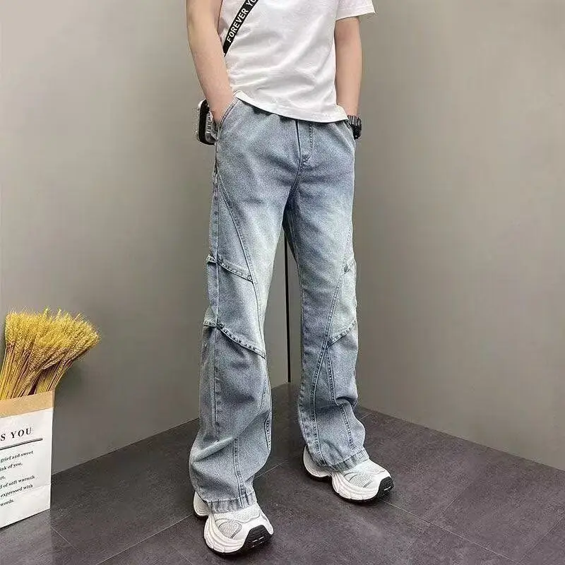 

Hong Kong Style Men's Jeans Letter Print High Street Trendy Straight Leg Cotton Polyester Blend mid Waist Zipper Fly Pants