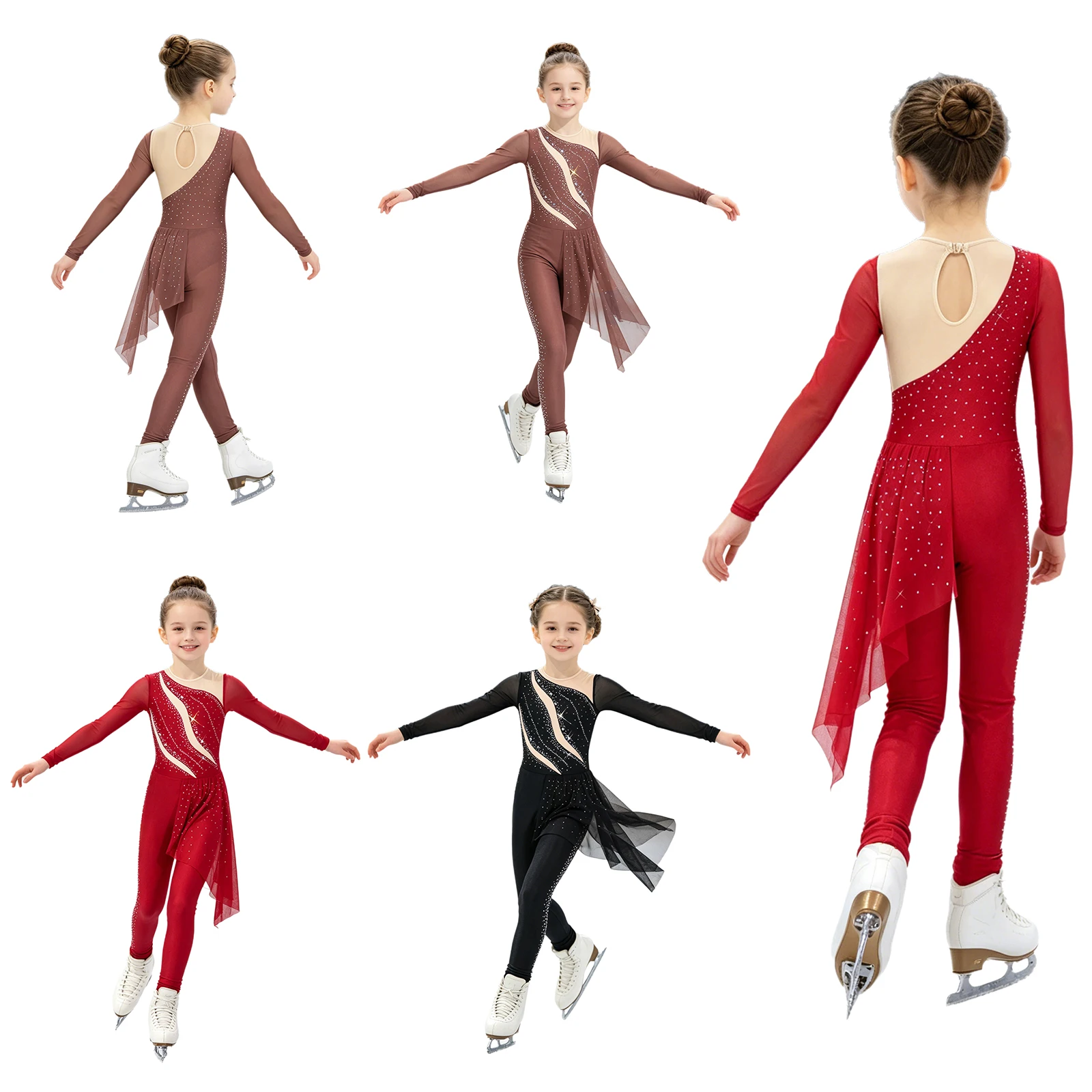 Kids Girls Irregular Mesh Drapey Jumpsuit Rompers Long Sleeve Shiny Rhinestone Bodysuit for Figure Skating Dance Performance
