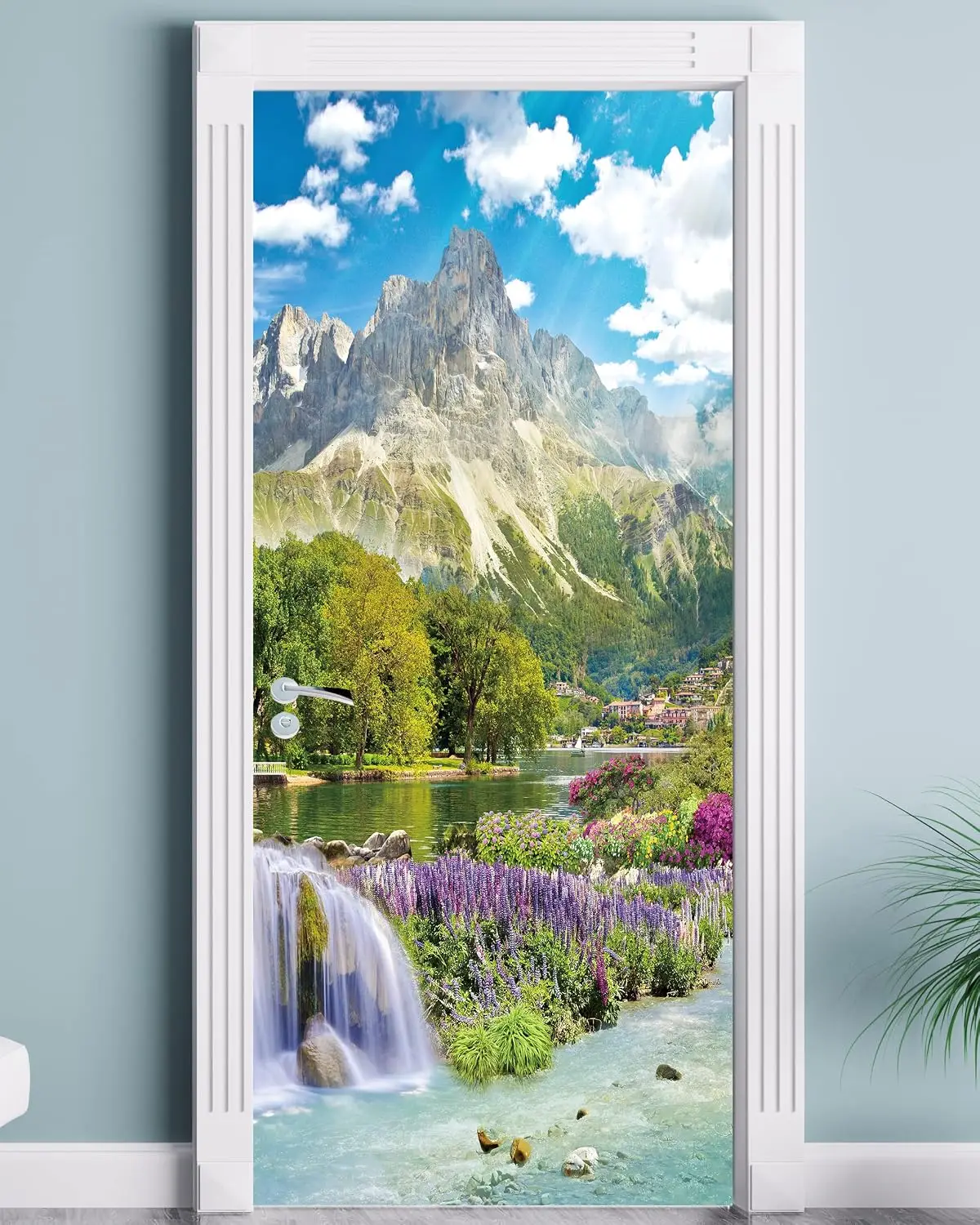 Mountain Waterfall Lake Scenery Door Sticker Self Adhesive Waterproof Vinyl Mural Removable Bedroom