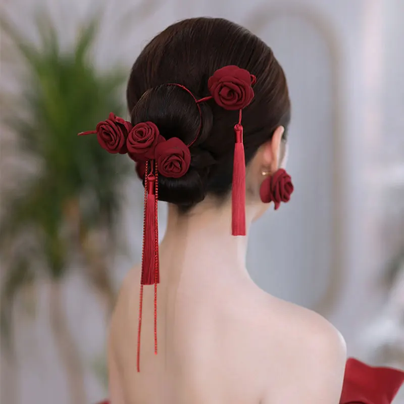 

Wine Red Floral Tassel Bridal Hairpin Set Traditional Chinese Wedding Hair Accessory Ethnic Style Updo Complete Hair Ornaments