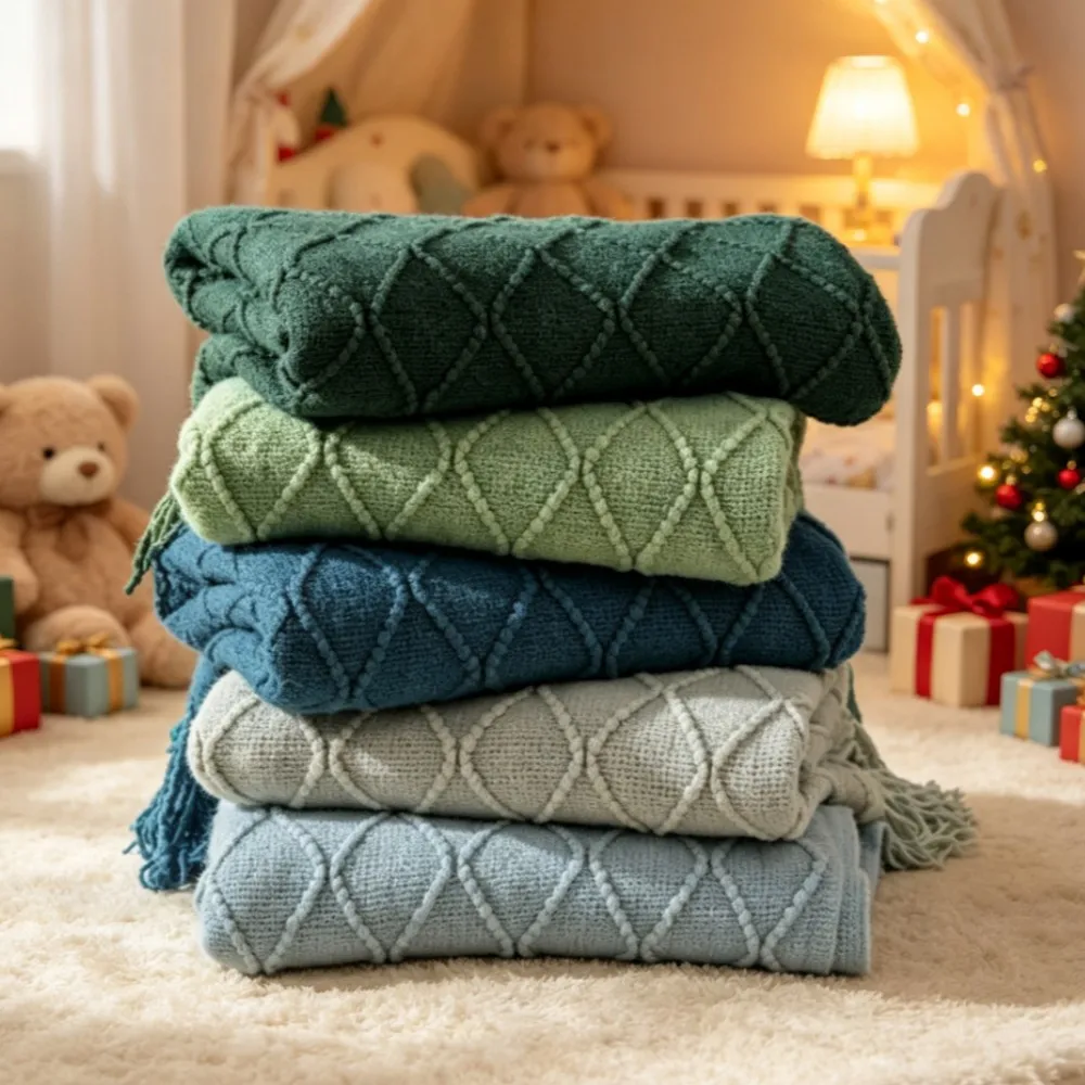 Green Christmas Themed Oversized Boho Knit Throw Blanket Soft Cozy Bed Blanket with Tassels Farmhouse Style Home Decor Gift
