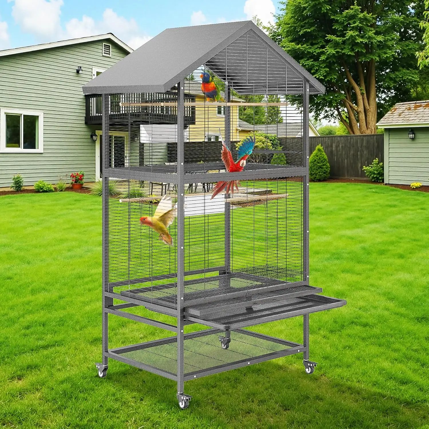 Vogelkäfig mit ausziehbarem Tablett/Schloss, großer Flugkäfig mit Futternapf/Ständer/360 °   Lenkrollen für Nymphensittiche, Turteltauben, Grauen